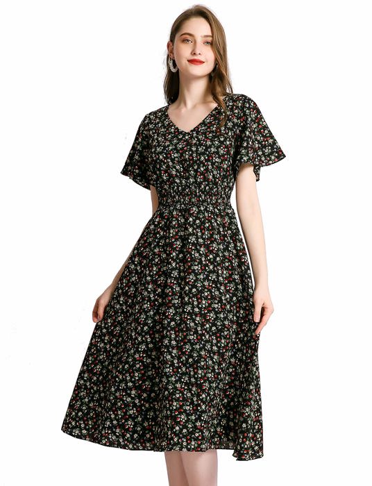 Women’s Black Floral Midi Dress – V-Neck Short Sleeve Summer Dress, Flowy Casual A-Line Dress for Everyday, Travel & Brunch