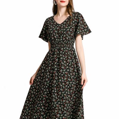 Women’s Black Floral Midi Dress – V-Neck Short Sleeve Summer Dress, Flowy Casual A-Line Dress for Everyday, Travel & Brunch