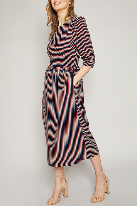 Nellie Navy and Red Pinstriped Mid Length Dress With Pockets