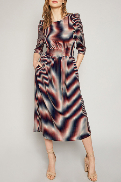 Nellie Navy and Red Pinstriped Mid Length Dress With Pockets