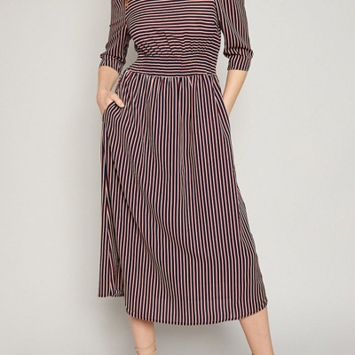 Nellie Navy and Red Pinstriped Mid Length Dress With Pockets