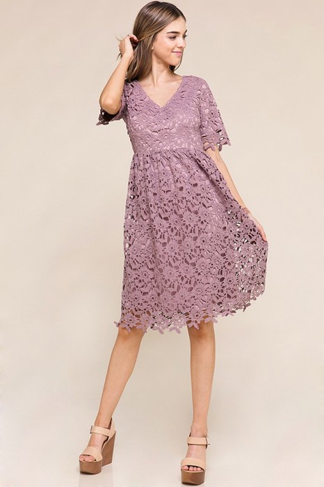 Joy V-Neck Lavender Eye-let Lace Dress; Teen Easter Dress