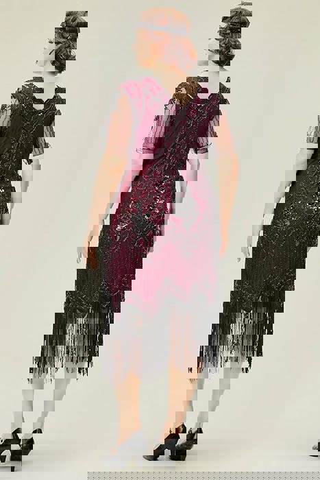 Plus Size 1920s Flapper Dress – Burgundy Sequin Beaded Fringe Cocktail Party Dress