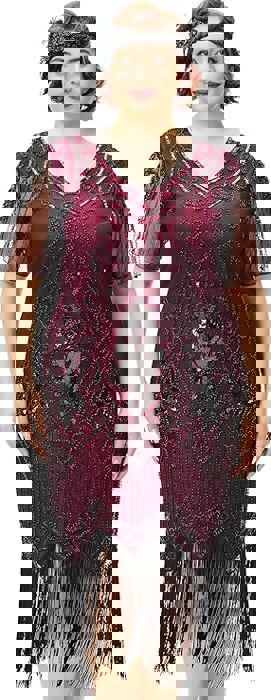 Plus Size 1920s Flapper Dress – Burgundy Sequin Beaded Fringe Cocktail Party Dress