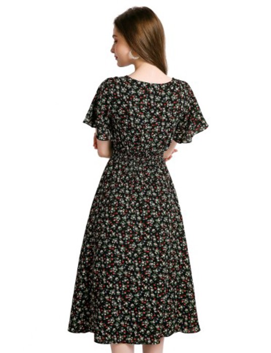 Women’s Black Floral Midi Dress – V-Neck Short Sleeve Summer Dress, Flowy Casual A-Line Dress for Everyday, Travel & Brunch