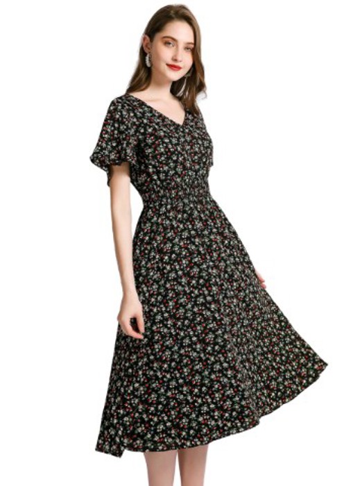 Women’s Black Floral Midi Dress – V-Neck Short Sleeve Summer Dress, Flowy Casual A-Line Dress for Everyday, Travel & Brunch