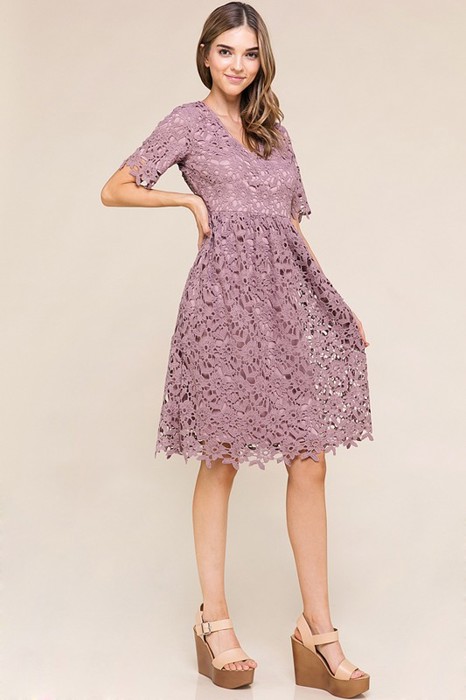 Joy V-Neck Lavender Eye-let Lace Dress; Teen Easter Dress