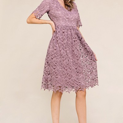 Joy V-Neck Lavender Eye-let Lace Dress; Teen Easter Dress