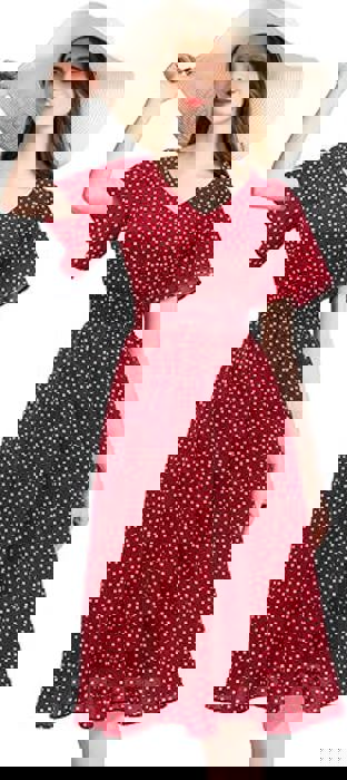 Women’s Red Polka Dot Midi Dress – V-Neck Short Sleeve Summer Dress, Flowy Casual A-Line Dress for Beach, Vacation & Everyday Wea