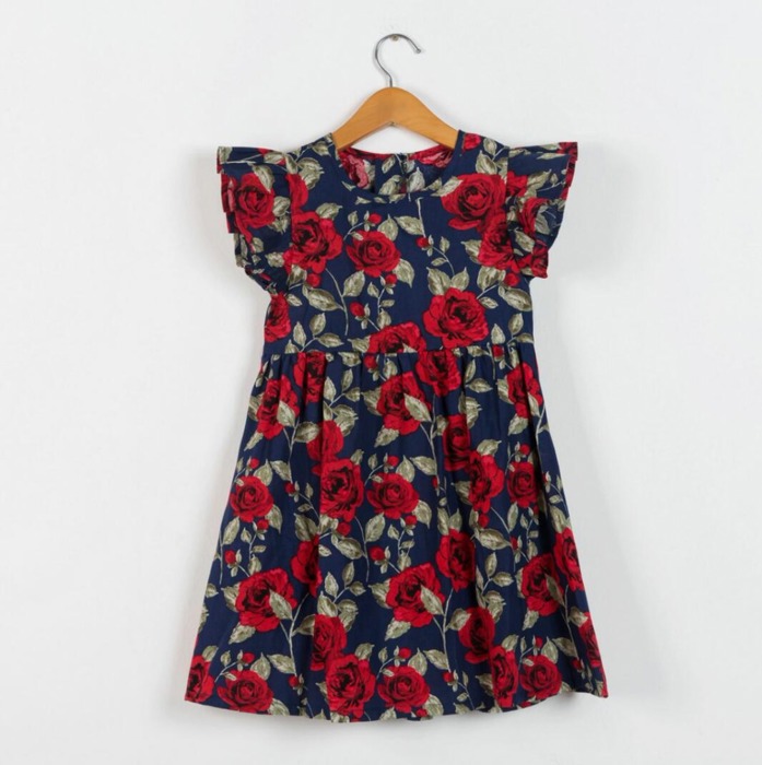 Girls’ Navy Blue Floral Dress with Ruffled Sleeves – Red Rose Print