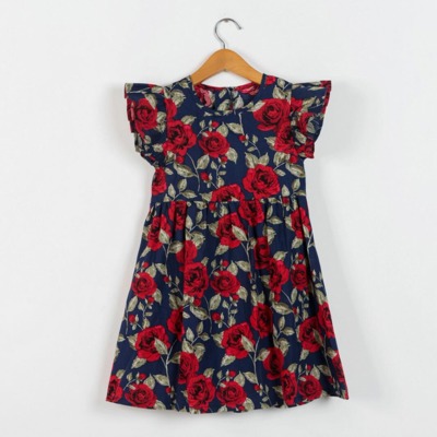 Girls’ Navy Blue Floral Dress with Ruffled Sleeves – Red Rose Print
