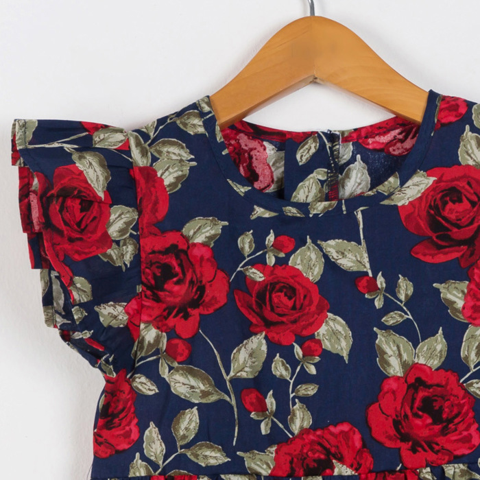 Girls’ Navy Blue Floral Dress with Ruffled Sleeves – Red Rose Print