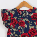  Girls’ Navy Blue Floral Dress with Ruffled Sleeves – Red Rose Print
