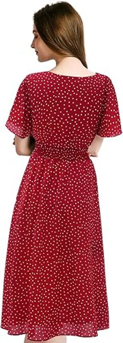 Women’s Red Polka Dot Midi Dress – V-Neck Short Sleeve Summer Dress, Flowy Casual A-Line Dress for Beach, Vacation & Everyday Wea