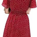  Women’s Red Polka Dot Midi Dress – V-Neck Short Sleeve Summer Dress, Flowy Casual A-Line Dress for Beach, Vacation & Everyday Wea