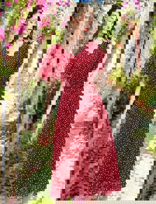 Women’s Red Polka Dot Midi Dress – V-Neck Short Sleeve Summer Dress, Flowy Casual A-Line Dress for Beach, Vacation & Everyday Wea