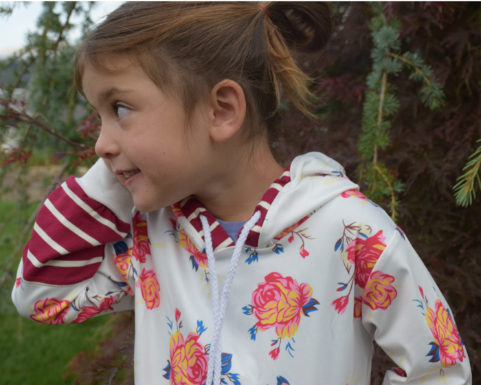Girl's Floral Hoodie – White Sweatshirt with Red Striped Sleeves