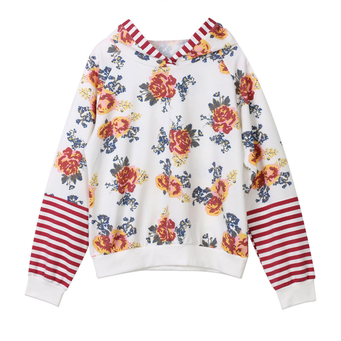 Girl's Floral Hoodie – White Sweatshirt with Red Striped Sleeves