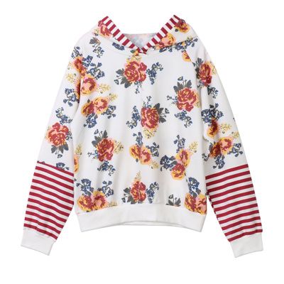 Girl's Floral Hoodie – White Sweatshirt with Red Striped Sleeves