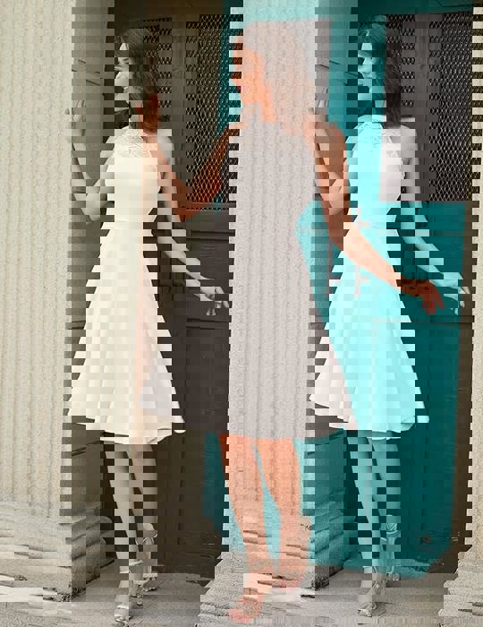 White A-Line Cocktail Dress – Sleeveless Lace Halter Fit & Flare Party Dress