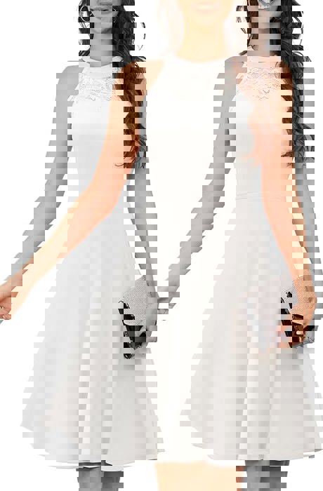 White A-Line Cocktail Dress – Sleeveless Lace Halter Fit & Flare Party Dress