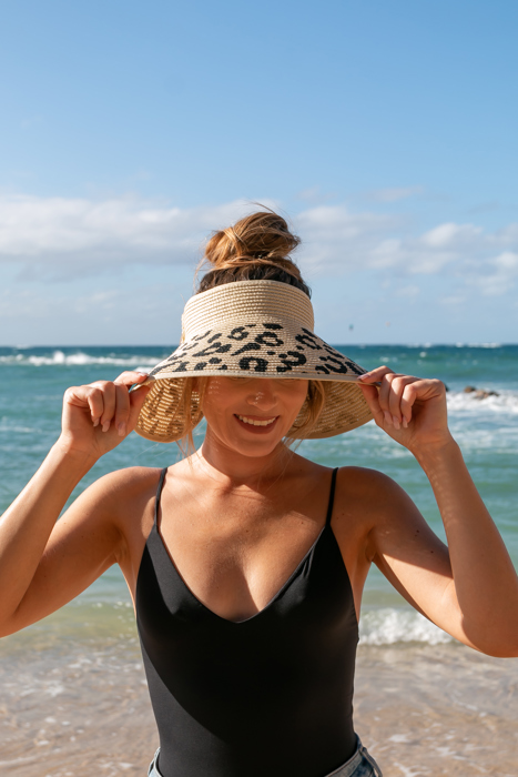 DaniEmCo Leopard Bow Visor |  Roll Up Travel Design | Easy Travels Sun Shade | Summer Vacation Accessory