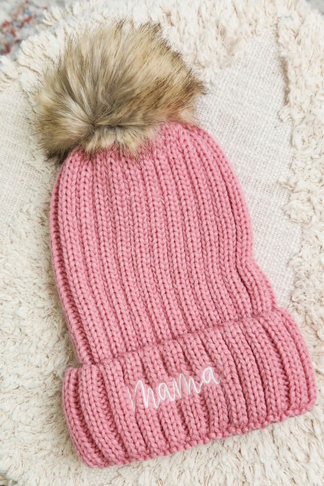 DaniEmCo MAMA EMBROIDERED BEANIE | Faux Fur Pom | Super Cozy & Soft Hat