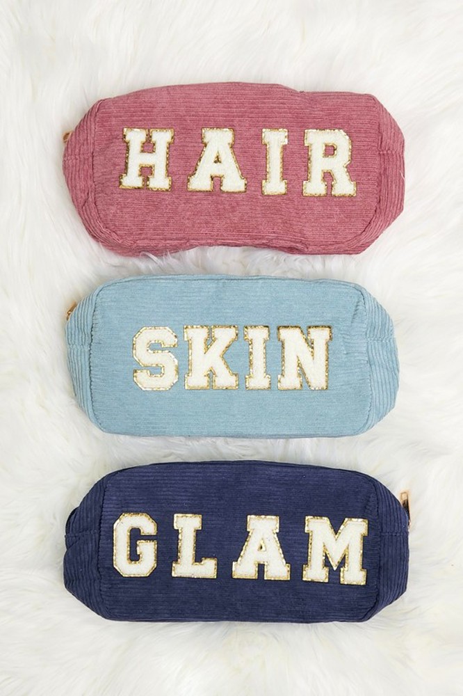 DaniEmCo CORDUROY Makeup Cosmetic Bag | Chenille Lettering | Travel Organizer Bags