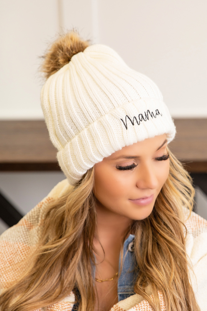 DaniEmCo MAMA EMBROIDERED BEANIE | Faux Fur Pom | Super Cozy & Soft Hat