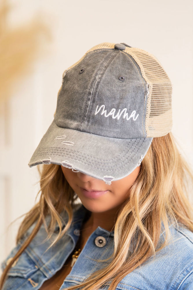 DaniEmCo MAMA DISTRESSED MESSY BUN Cap | Embroidered Hat Design