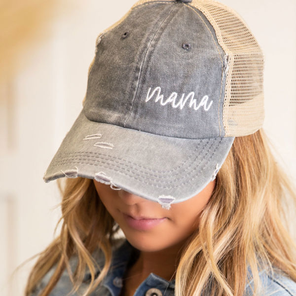 DaniEmCo MAMA DISTRESSED MESSY BUN Cap | Embroidered Hat Design