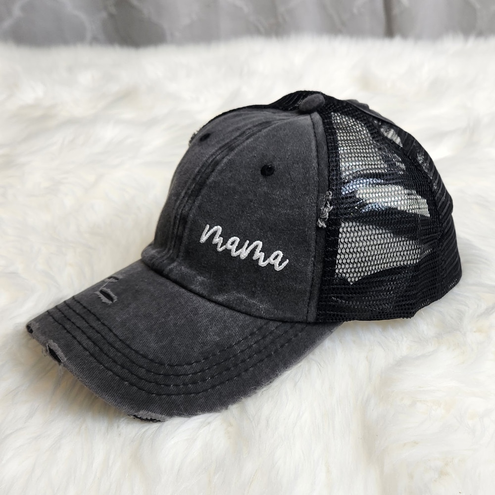 DaniEmCo MAMA DISTRESSED MESSY BUN Cap | Embroidered Hat Design