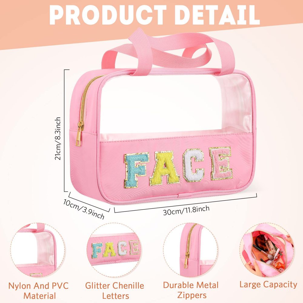 DaniEmCo Chenille Letter Travel Bag | Clear Design | Essential Organizer | Carry Handle Make Up Bag