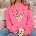 XXL Safety Pink XOXO Bow Sweatshirt | Pink Leopard Valentine's Day Crewneck Sweatshirt