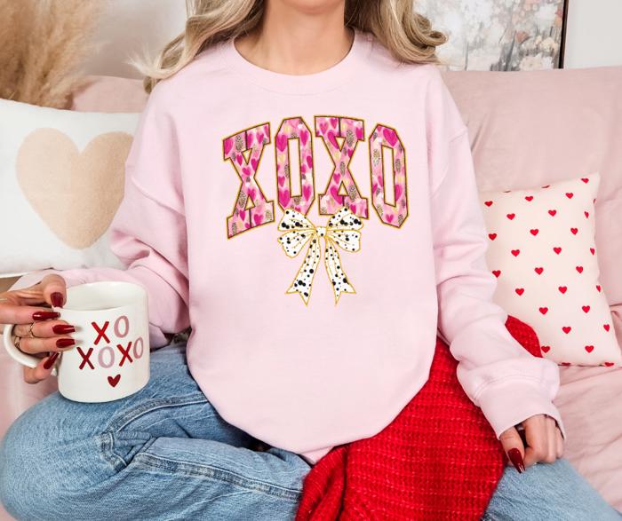 XOXO Bow Sweatshirt | Pink Leopard Valentine's Day Crewneck Sweatshirt