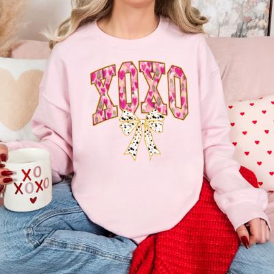 XOXO Bow Sweatshirt | Pink Leopard Valentine's Day Crewneck Sweatshirt