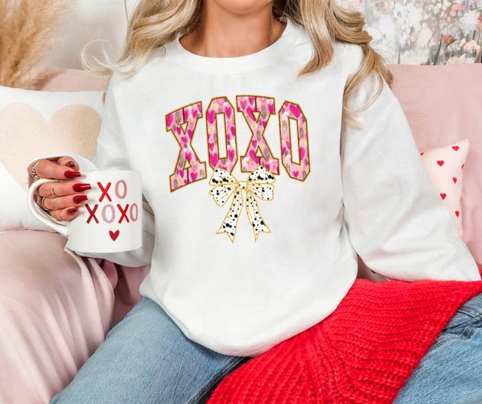 XOXO Bow Sweatshirt | Pink Leopard Valentine's Day Crewneck Sweatshirt