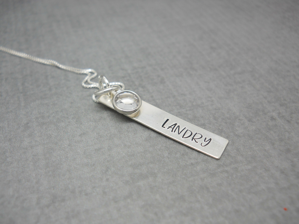 Hand Stamped Bar Name Necklace in Sterling Silver, Margarita font