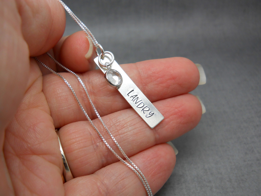 Hand Stamped Bar Name Necklace in Sterling Silver, Margarita font