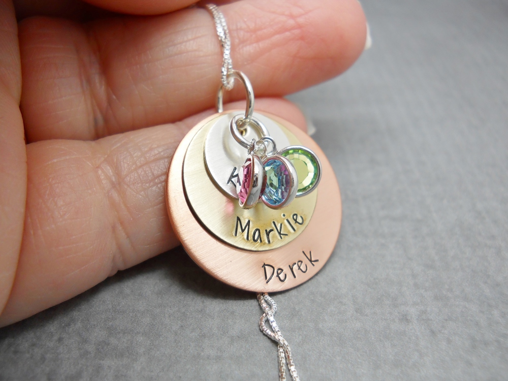 Layered kids names necklace with birthstones