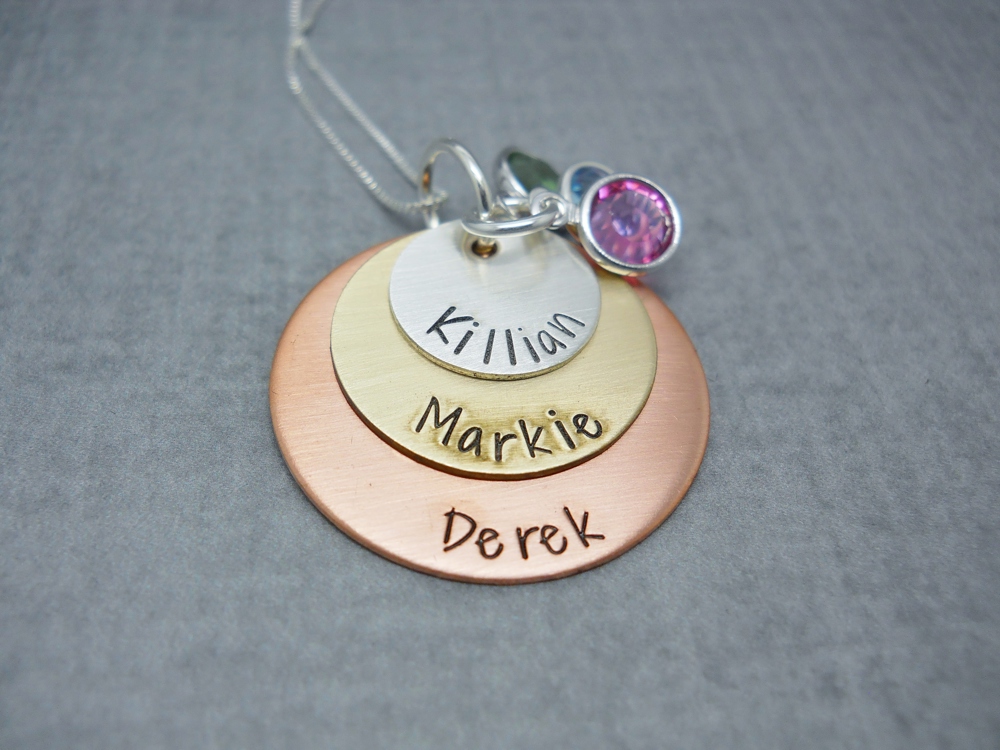 Layered kids names necklace with birthstones