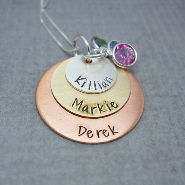 Layered kids names necklace with birthstones