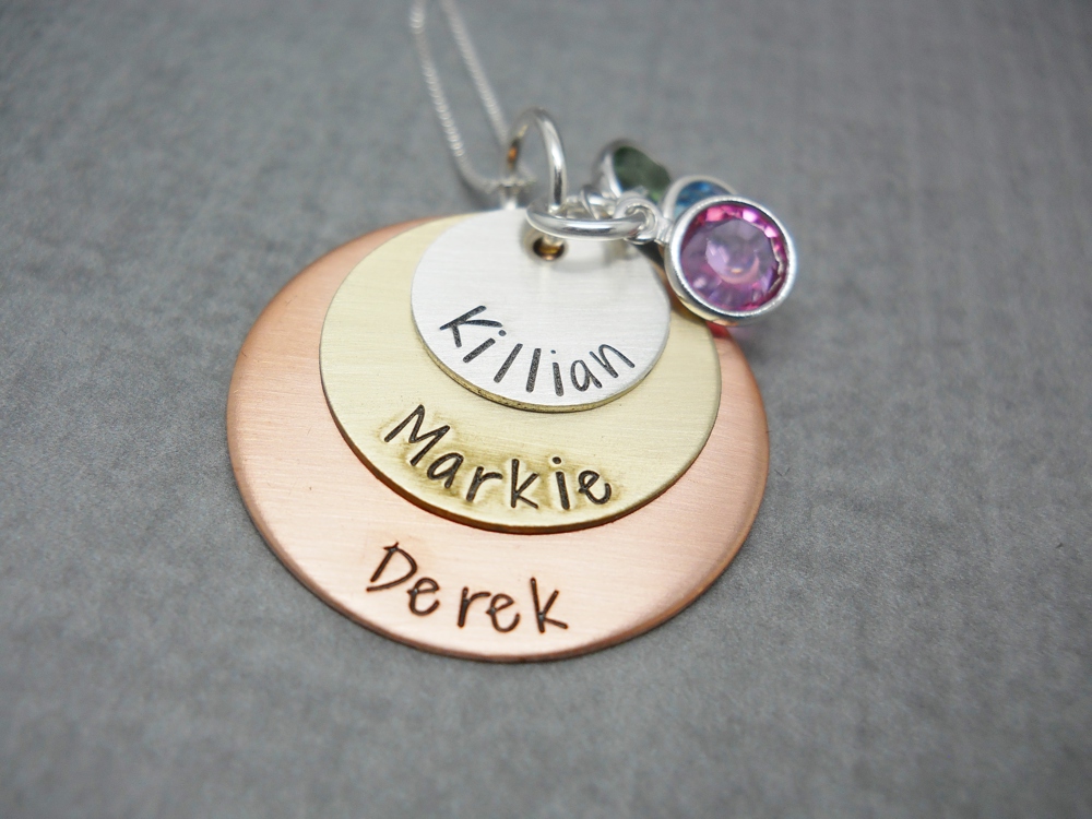 Layered kids names necklace with birthstones