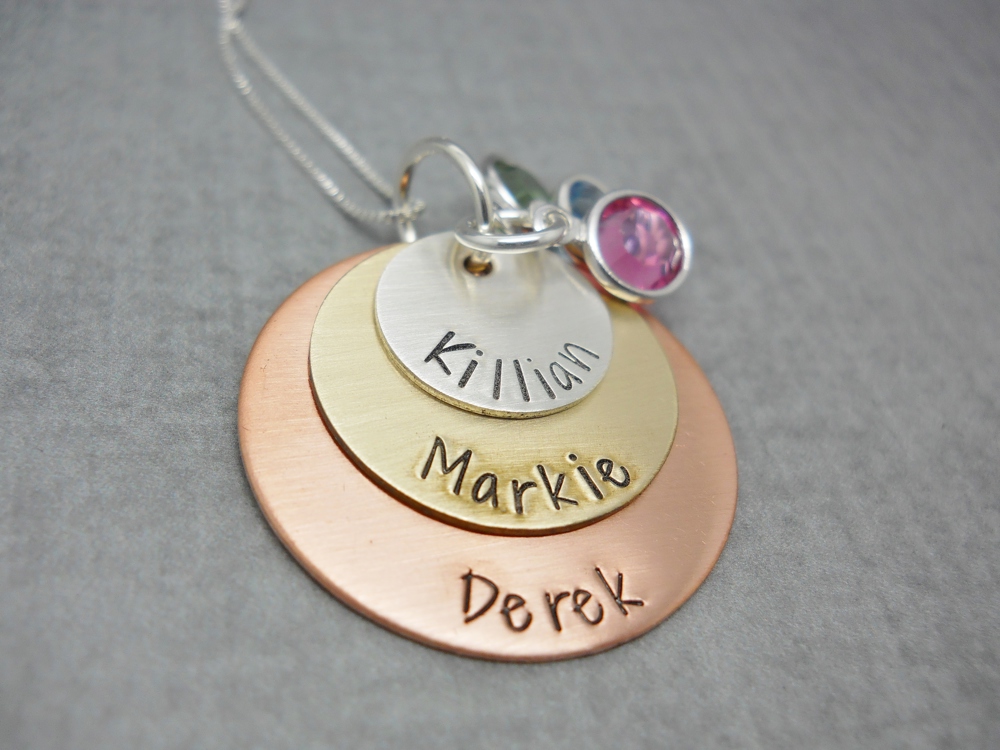 Layered kids names necklace with birthstones