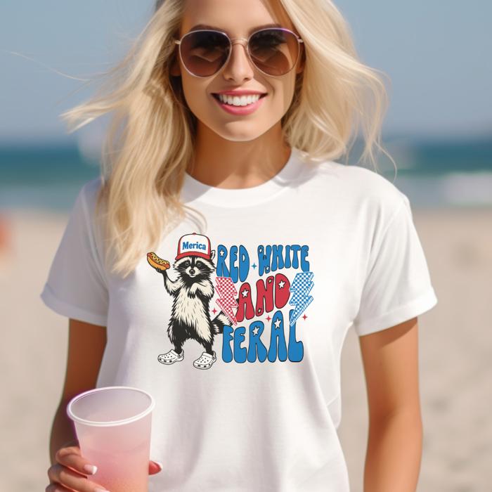 Red, White and Feral Tee – Funny Patriotic Raccoon Shirt