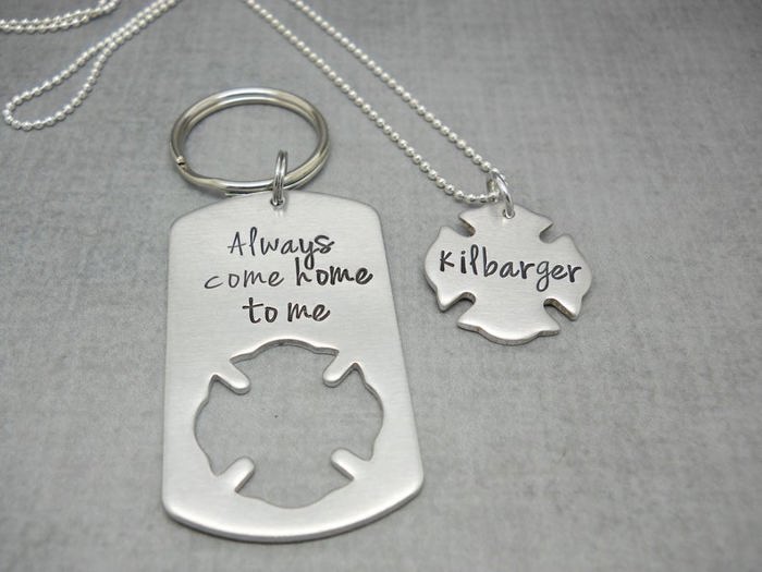 Personalized Firefighter Keychain Gift Set,  Always Come Home to Me + Custom Fire Badge