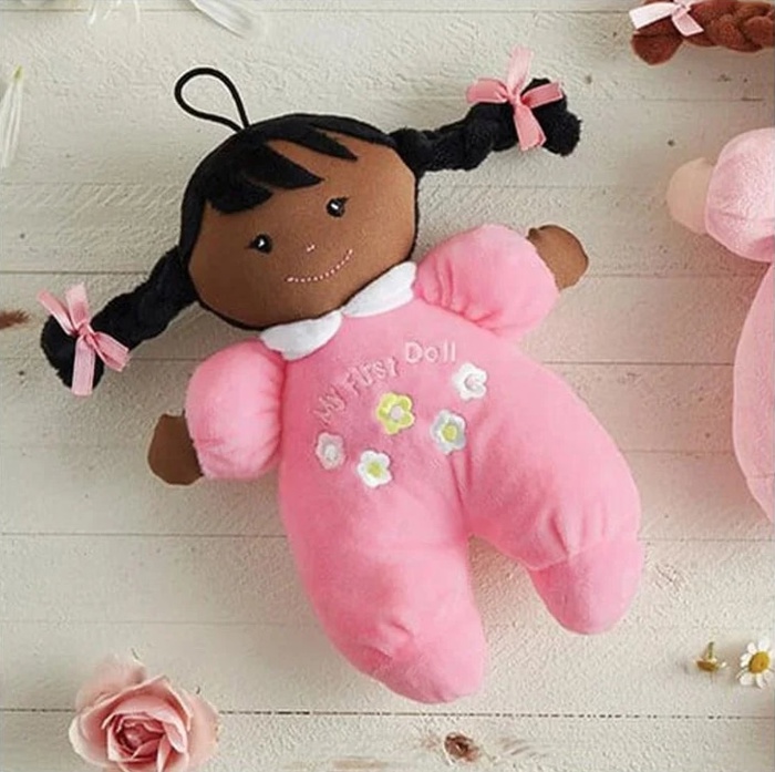 Baby's First Doll in Hot Pink | Soft Plush 8" Brown Skin Doll | Baby Gift 1st Doll 