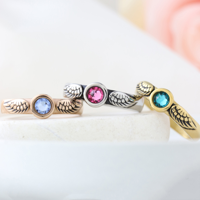 Birthstone Memorial Ring | Angel Wing Memorial Ring | Stacking Wing Ring | Stackable Birsthone Ring | Angel Baby Ring