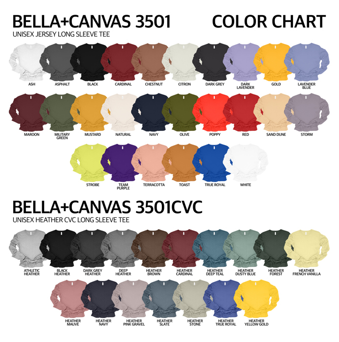 30+ Colors - Ultra Soft T-Shirt Fabric Long Sleeve (Crewneck) | Poly-Cotton Heathered Colors Jersey (Unisex) Bella Canvas