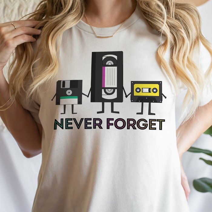 Never Forget VHS Floppy Disk Tape Deck 1980s 80s Retro Nostalgia Millenial Throwback Soft Cozy Longer Length Unisex Graphic Tee T-shirt